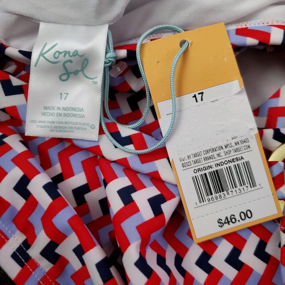 Women's Kona Sol Red Blue Chevron Print One Piece Swimsuit Size 17 NWT - Picture 7 of 7